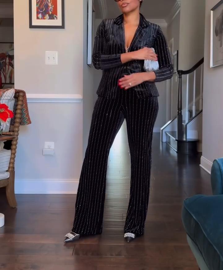 Black Elegant Rhinestone Top & Pants Set