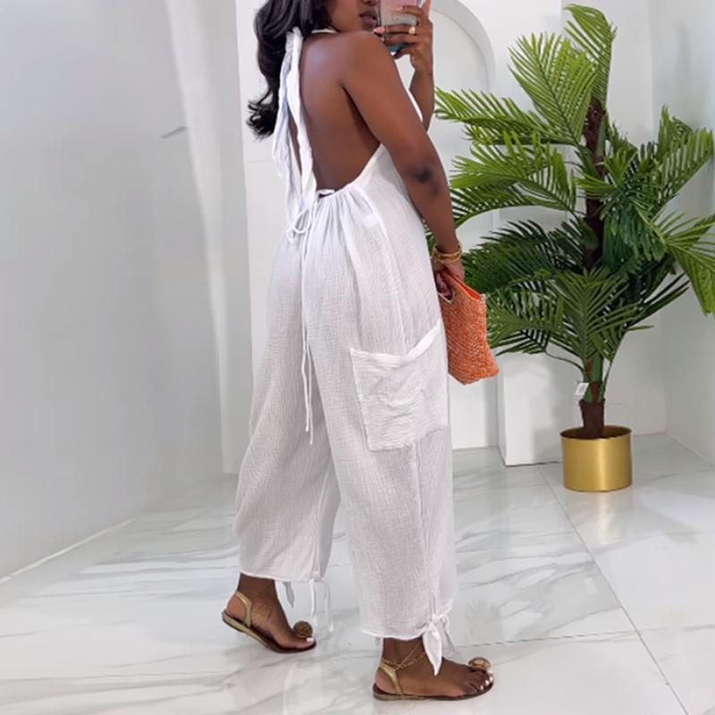 Summer new V-neck halterneck wide-leg jumpsuit