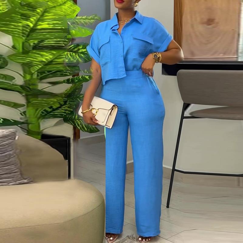Summer short-sleeved shirt wide-leg pants suit