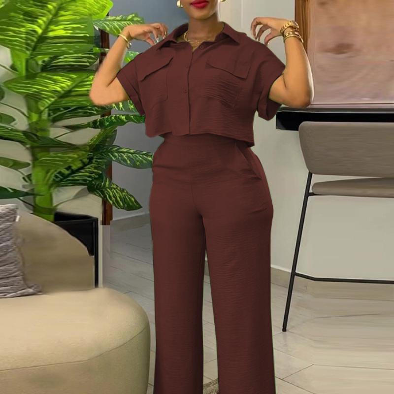 Summer short-sleeved shirt wide-leg pants suit