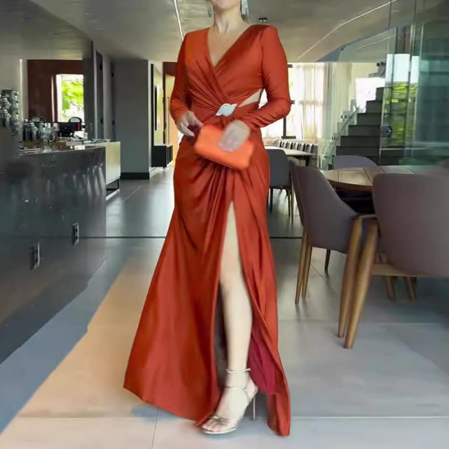 V-neck solid color long sleeve slim cross retro dress