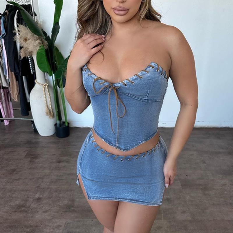 Fashionable denim sexy two-piece set