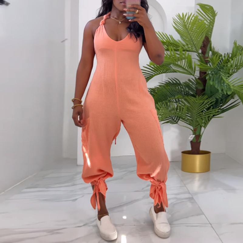 Summer new V-neck halterneck wide-leg jumpsuit