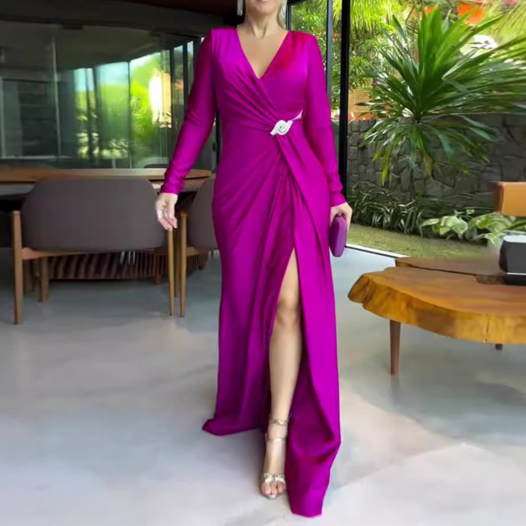 V-neck solid color long sleeve slim cross retro dress