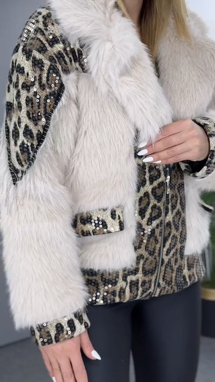 White Leopard Print Fur Coat