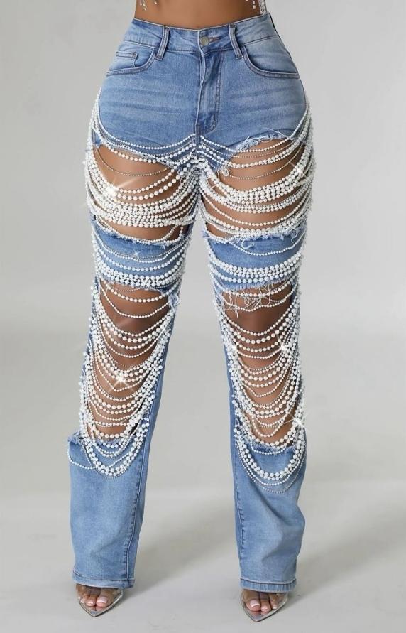 Plus Size Daily Jeans Casual Blue Pearls Denim Jeans
