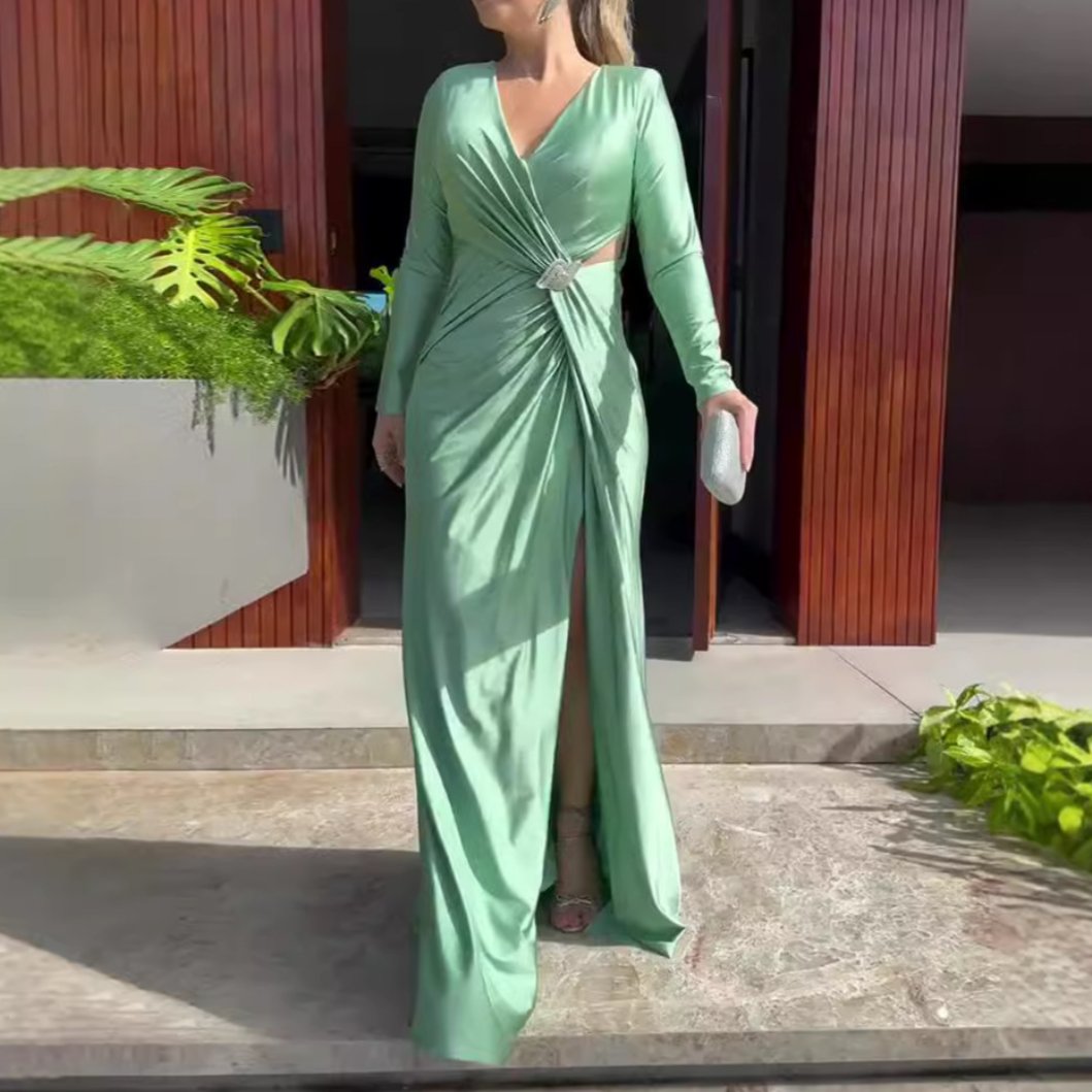 V-neck solid color long sleeve slim cross retro dress