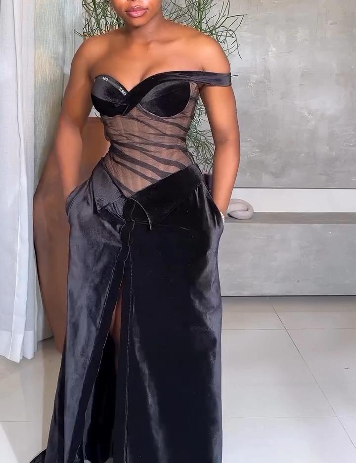 Black Velvet Corset Slit Maxi Dress