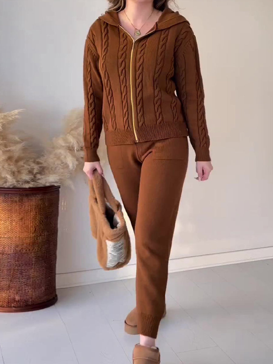 Twist pattern hooded zip top casual suit