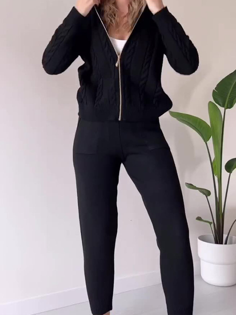 Twist pattern hooded zip top casual suit