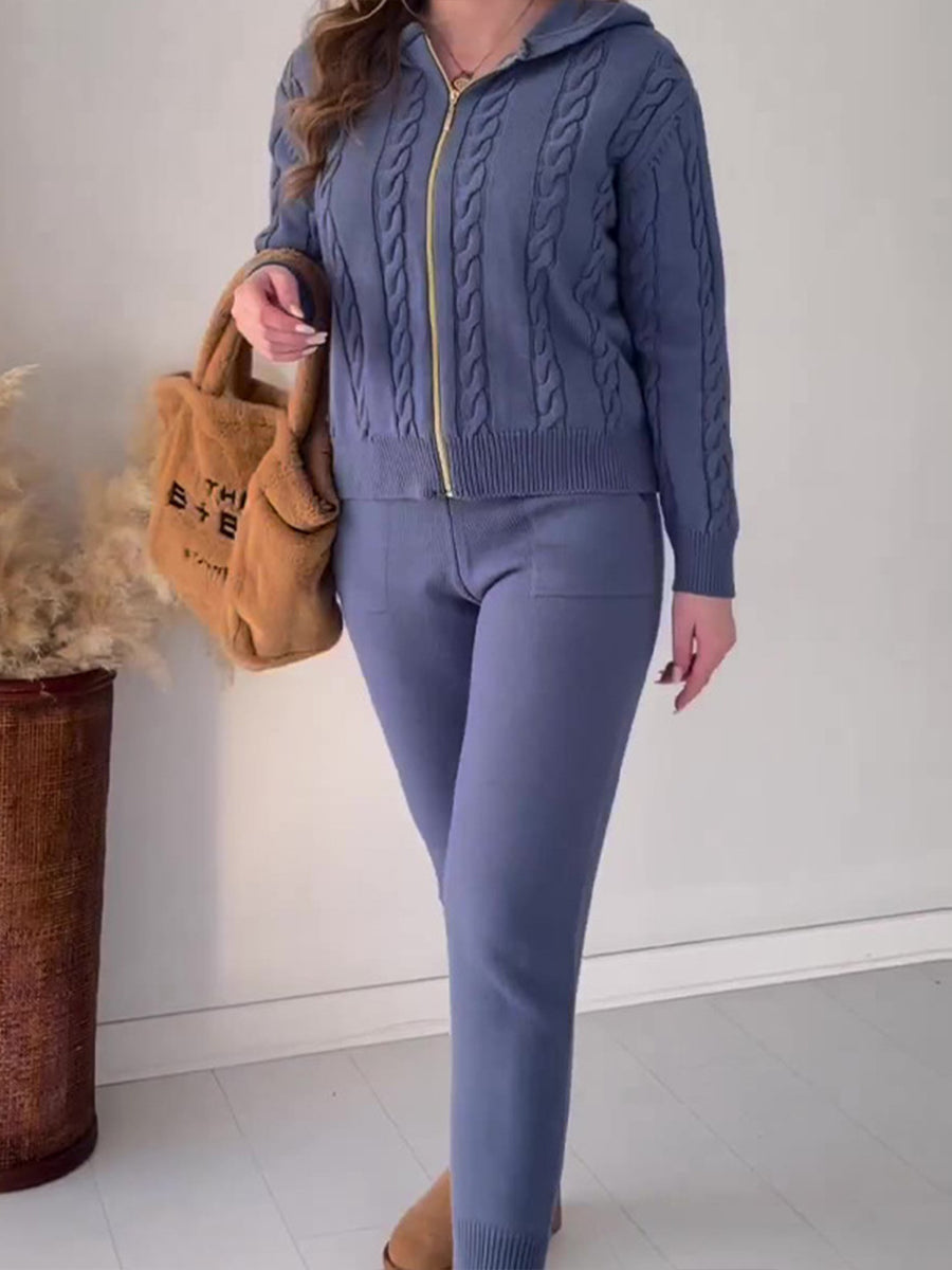 Twist pattern hooded zip top casual suit