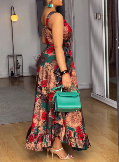 V-neck printed sleeveless ruffle dress