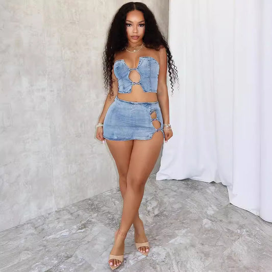 Get Away Denim Top & Low Rise Skirt SET