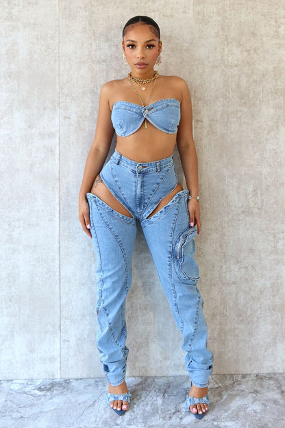 Denim tube top + tailored pants suit【Free Shipping】