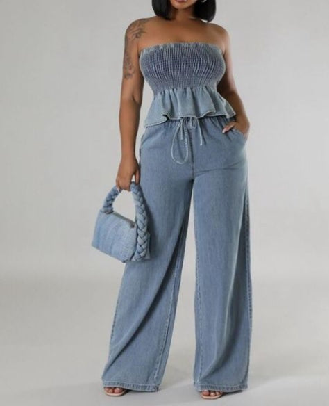 Bustier Washed Lace Top Wide Leg Pants Set