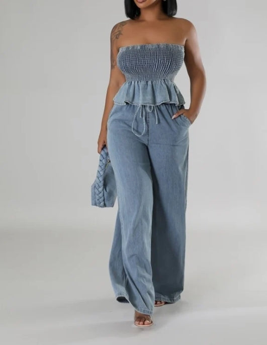 Bustier Washed Lace Top Wide Leg Pants Set