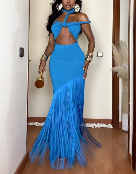 Hollow sleeveless tight fringe dress