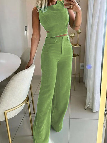 Solid Color Top & High Waist  Pants Two-piece Set