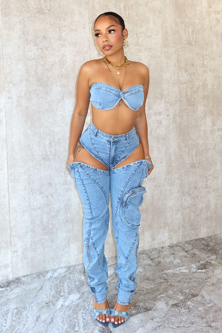 Denim tube top + tailored pants suit【Free Shipping】