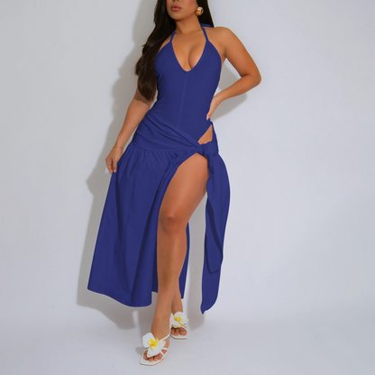 Solid color sexy slit skirt suit