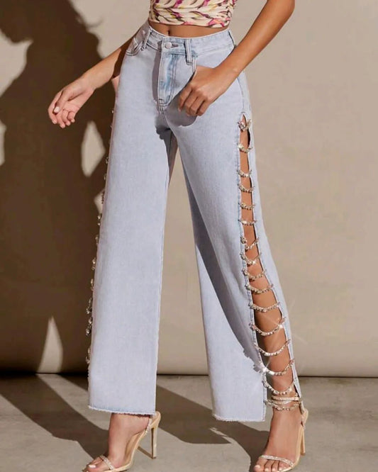 Diamond Panel Cut-Out Wide-Leg Jeans