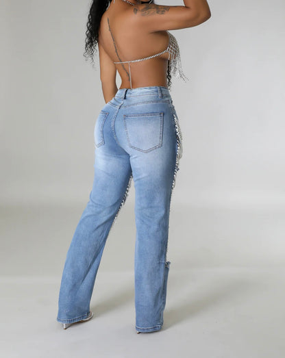 Plus Size Daily Jeans Casual Blue Pearls Denim Jeans