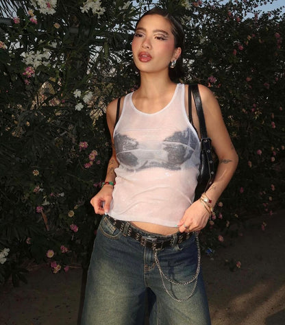 Summer wet vest niche design round neck slim see-through suspender top
