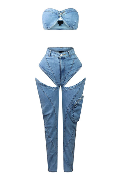 Denim tube top + tailored pants suit【Free Shipping】