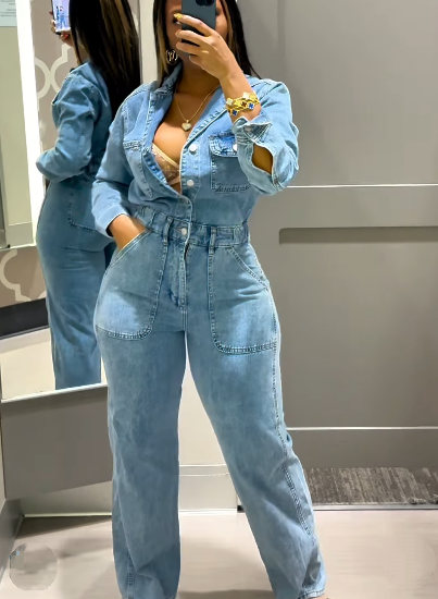 Cinched waist denim jumpsuit
