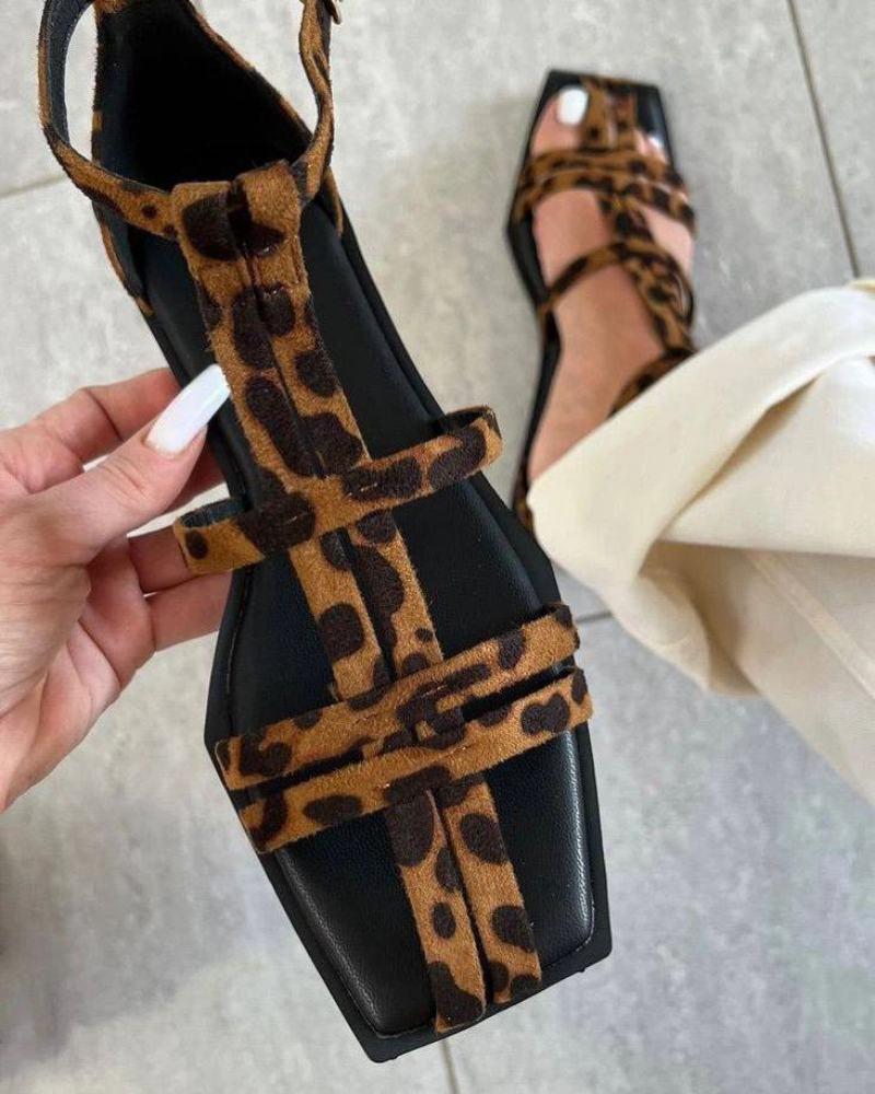 Chic Leopard Print Strappy Square Toe Sandals