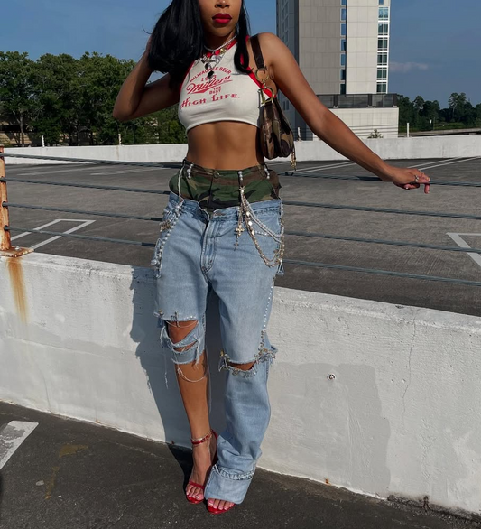 Camouflage two-piece cropped jeans