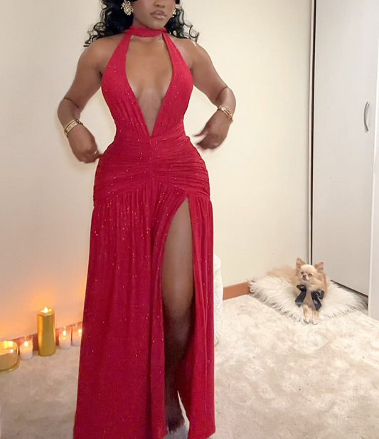 Red sequined maxi dress