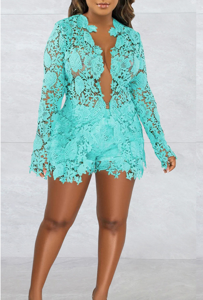 Hollow solid color long-sleeved shorts two-piece set