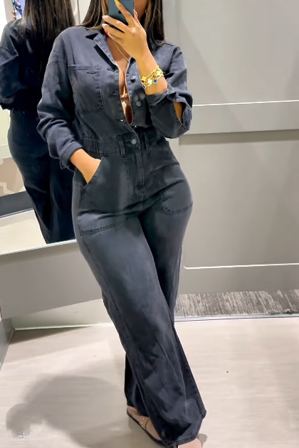 Cinched waist denim jumpsuit
