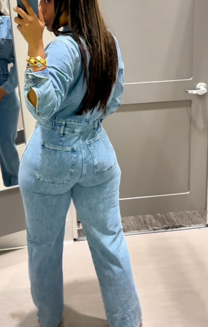 Cinched waist denim jumpsuit