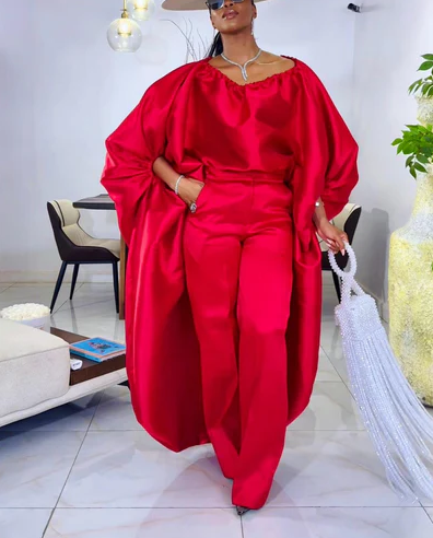 2-piece red cape high low and wide leg pant set
