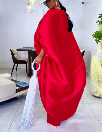 2-piece red cape high low and wide leg pant set