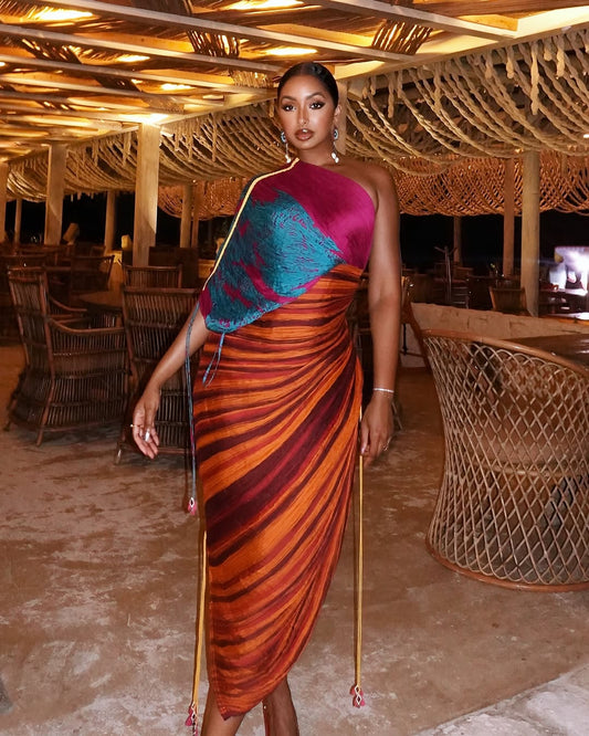 Printed Multicolor Pleated lrregular Dress