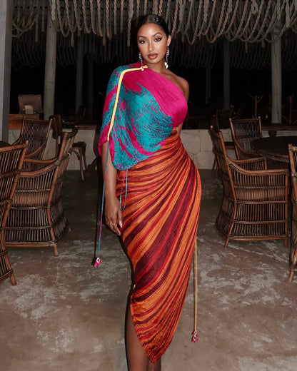 Printed Multicolor Pleated lrregular Dress