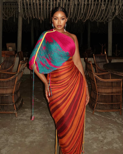 Printed Multicolor Pleated lrregular Dress