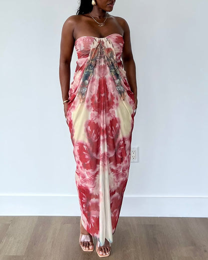 Printed sleeveless pleated dress