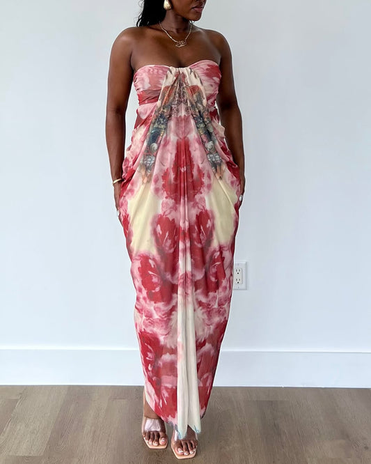 Printed sleeveless pleated dress