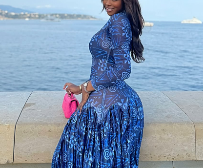 Blue Floral Long Sleeve Maxi Dress