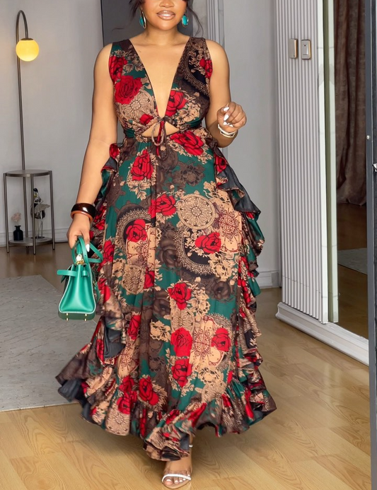 V-neck printed sleeveless ruffle dress