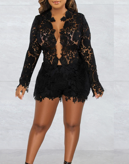 Hollow solid color long-sleeved shorts two-piece set