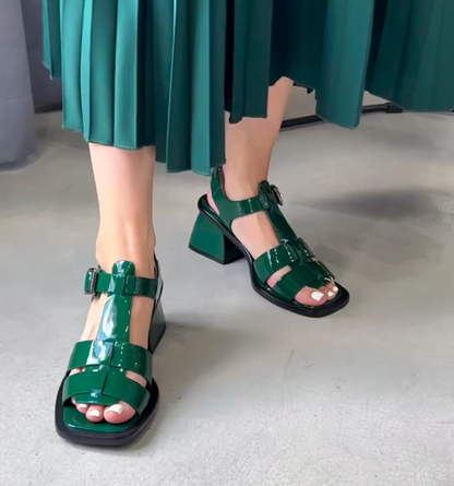 Leather Thick-Heel Sandals