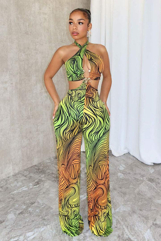 Metal Trim Print Halter Jumpsuit