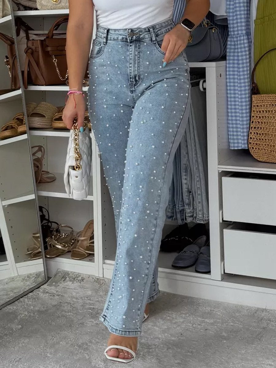 Women's High Waist Straight Leg Casual Denim Pearl Pants