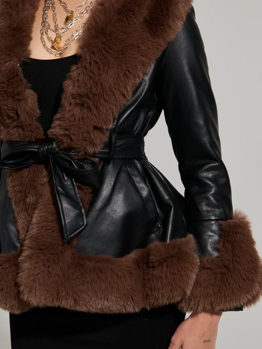 Faux Fur Trim Peplum Belted Coat