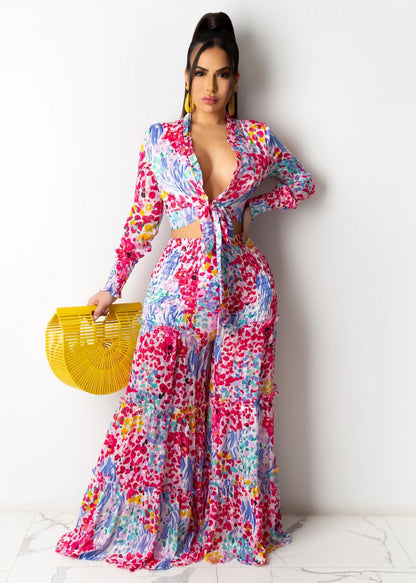 Irregular Printed Long Sleeve Wide Leg Suit